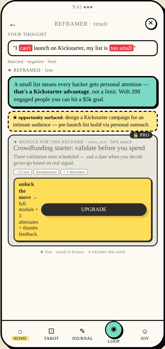 Reframer · stuck thought to reframe + matched module